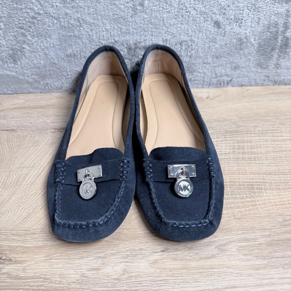 Michael‎ Kors Navy Suede Loafers Logo Charm Preppy Classic Womens Size 7.5